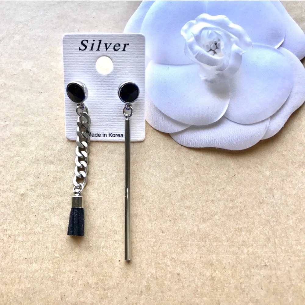 Asymmetrical Black & Silver-Colored Drop Earrings